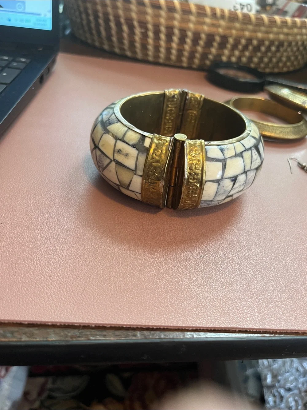 Gold-Tone and Ivory Mosaic Hinged Indian Bangle Bracelet